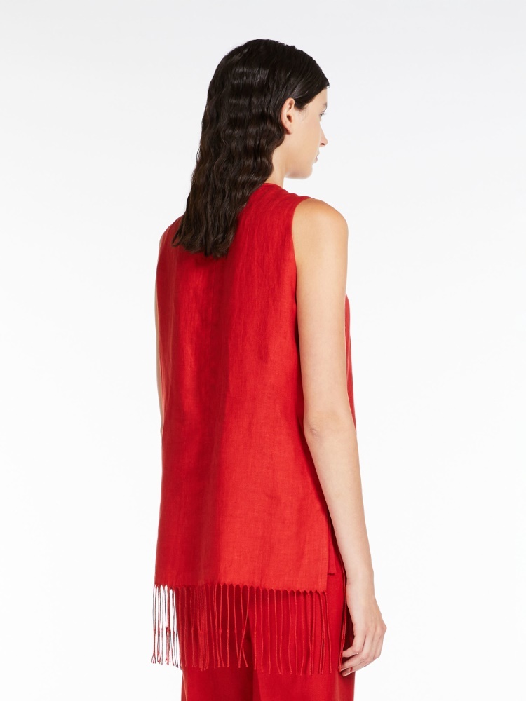 Max Mara Fringed Ruched Linen Blouse In Red