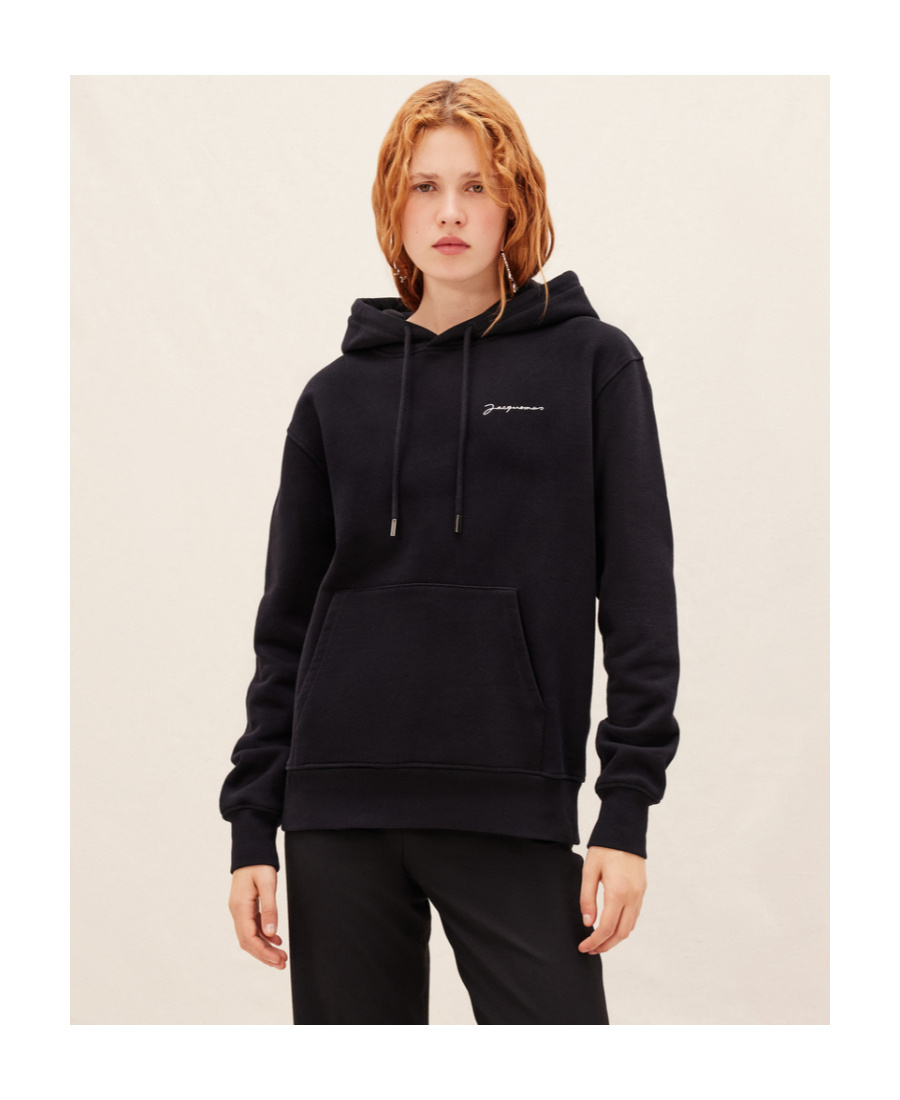 Jacquemus Embroidered Logo Drawstring Hoodie In Blue