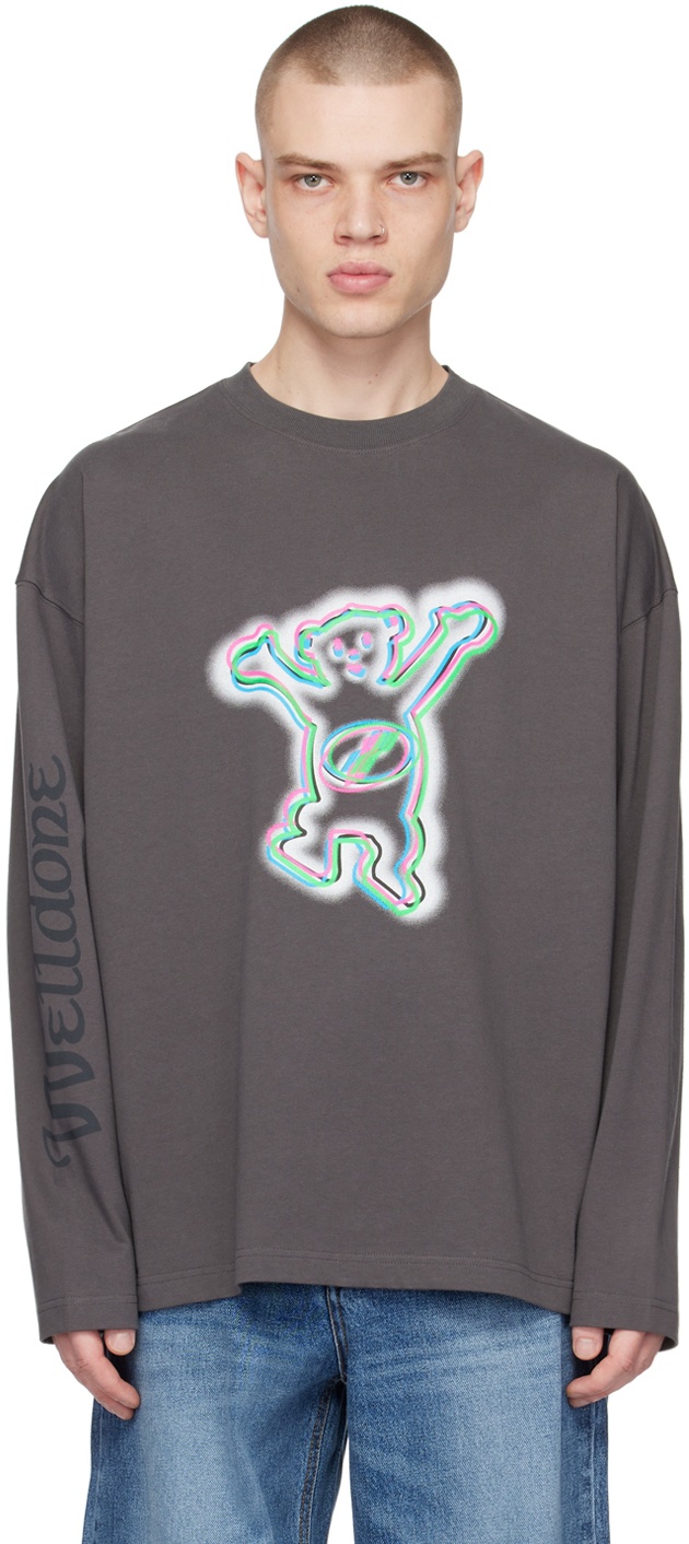 We11 Done Grey Colourful Teddy Print Long Sleeve Cotton T-shirt In Black