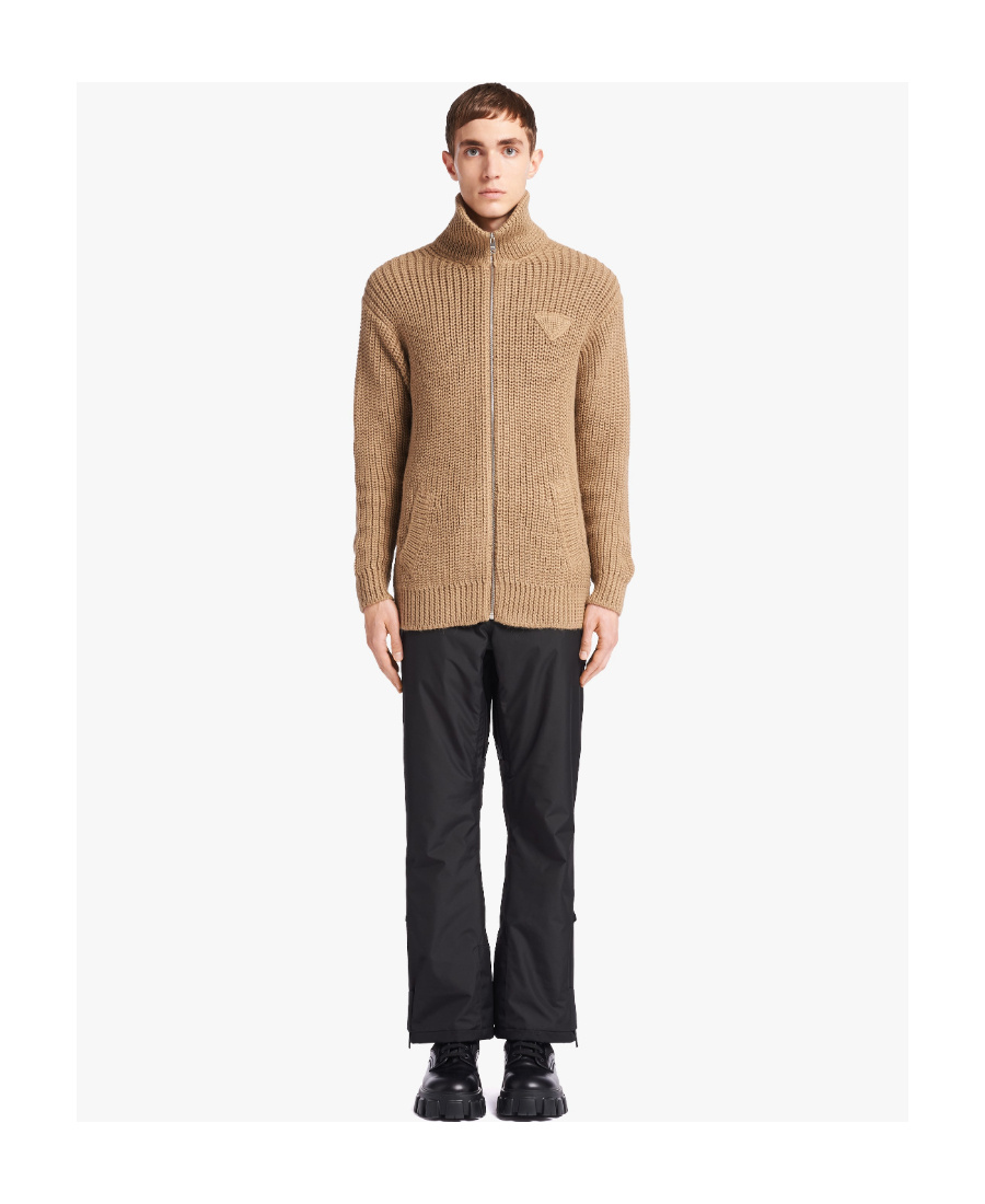 Prada Logo Cardigan In Camel Brown