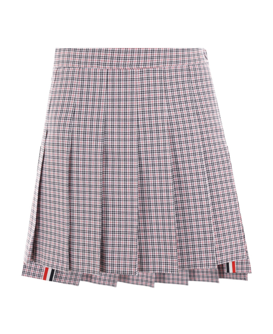 Thom Browne Check Printed Crepe Pleated Mini Skirt In Gray