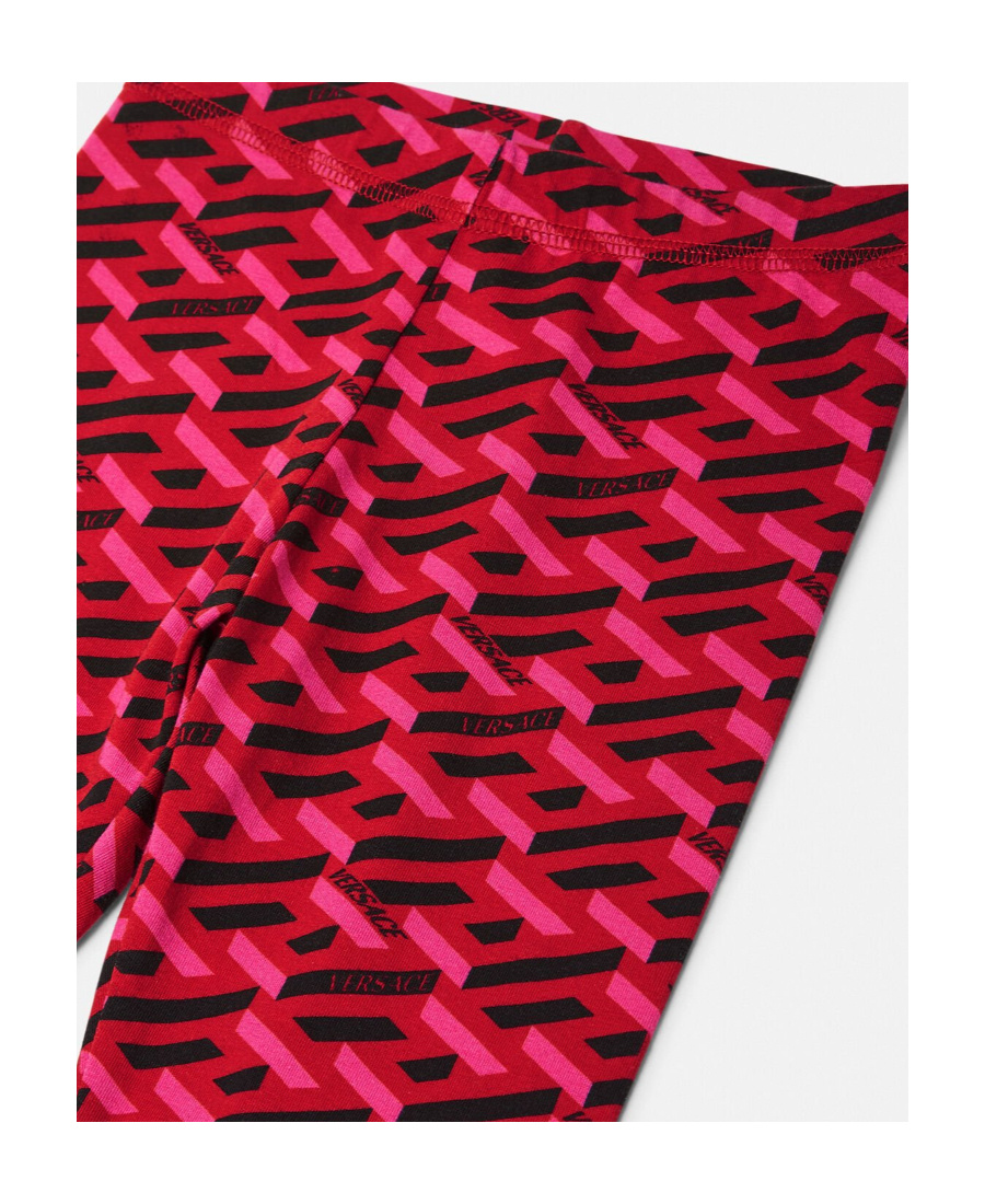 Versace Kids' La Greca Logo Stretch Cotton Leggings In Red