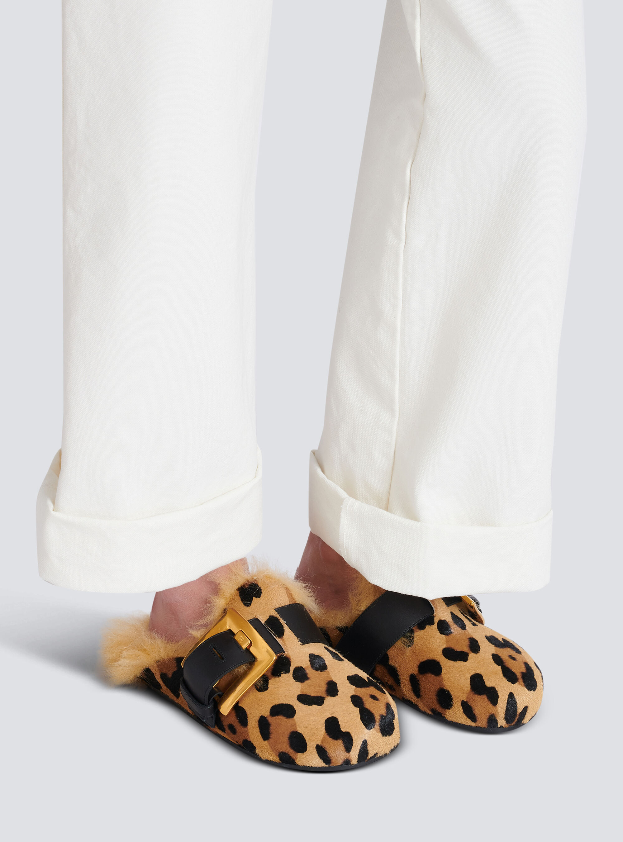 Balmain Anthem Leopard Print Ponyskin Leather And Faux Fur Mules In Animal Print