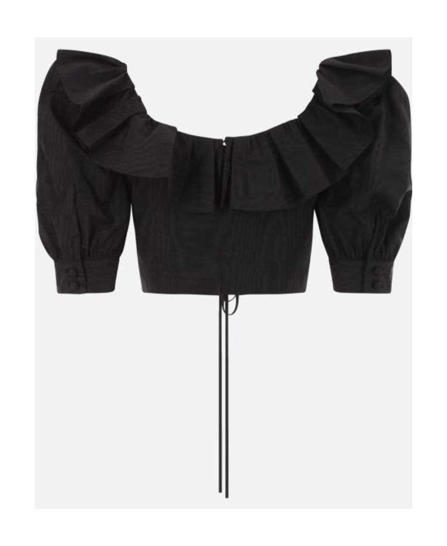 Alessandra Rich Lace-up Ruffle-trimmed Cropped Top In Black