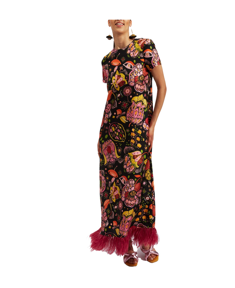 La Doublej Floral-print Maxi Swing Dress With Feathers In Multi