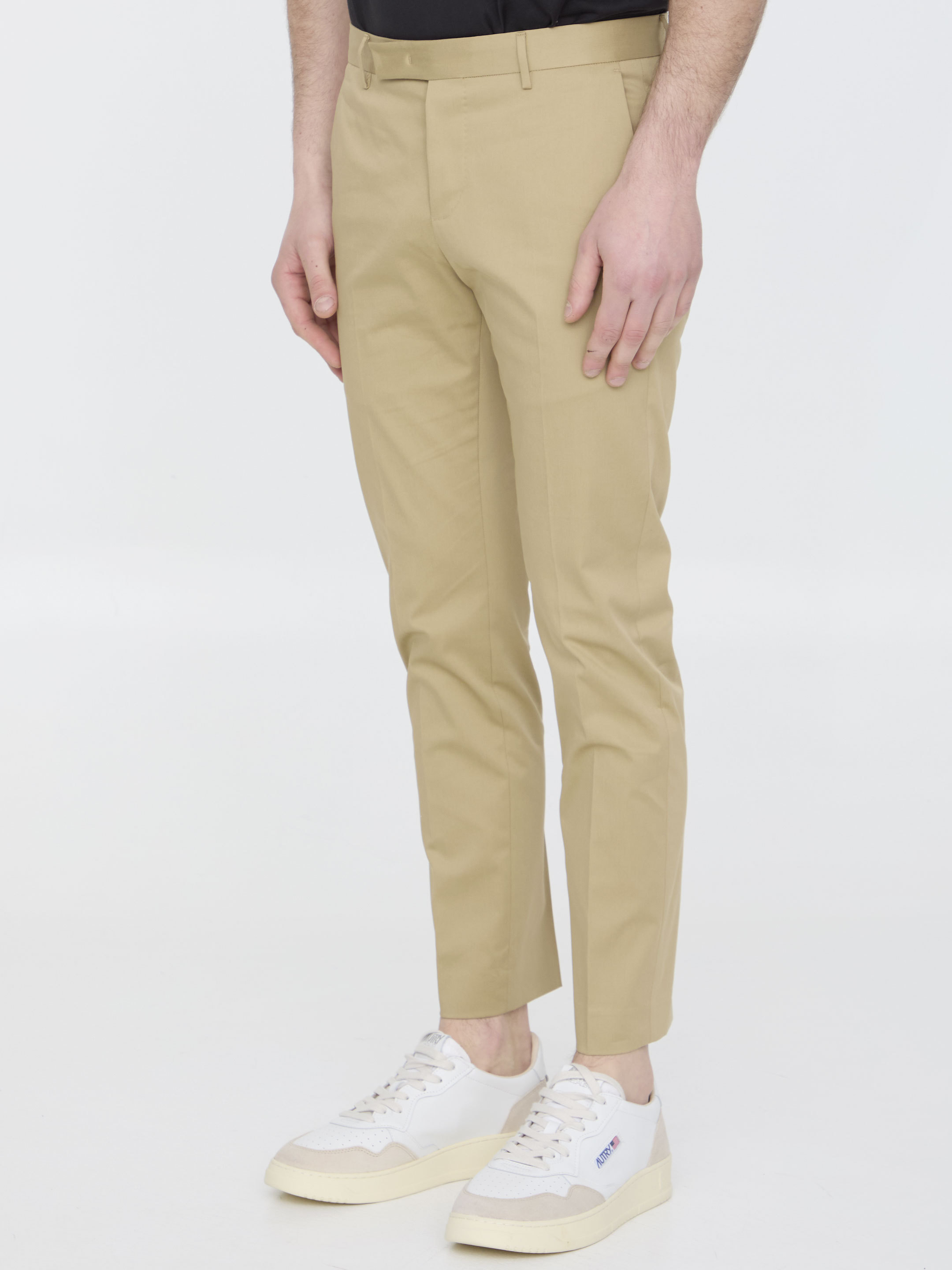 Pt Torino Slim Fit Cotton Trousers With Belt Loops In Brown