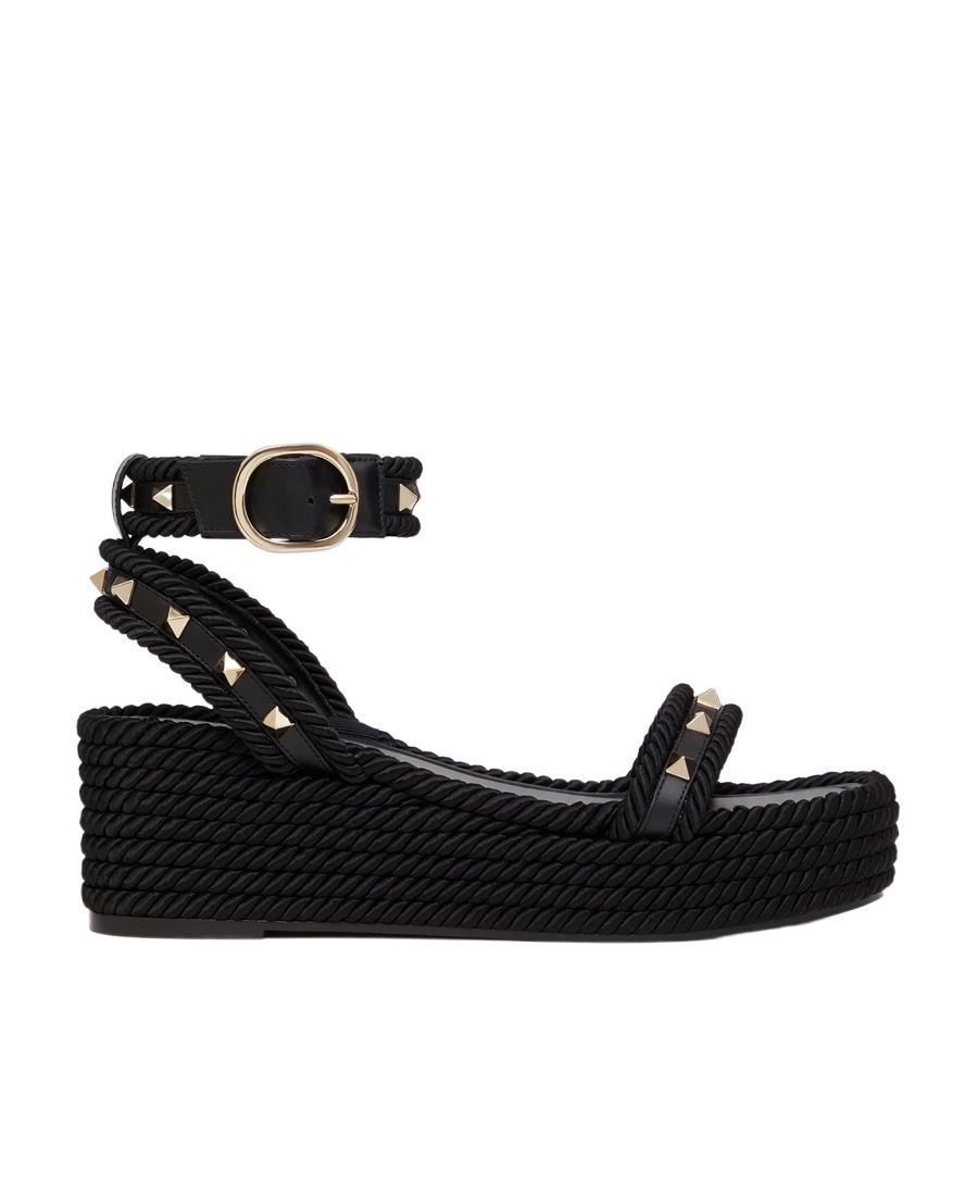 Valentino Rockstud Torchon 60 Leather And Silk Rope Platform Espadrilles In Black