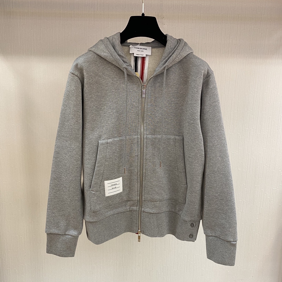 Thom Browne Center-back Stripe Zip-up Hoodie In Gray