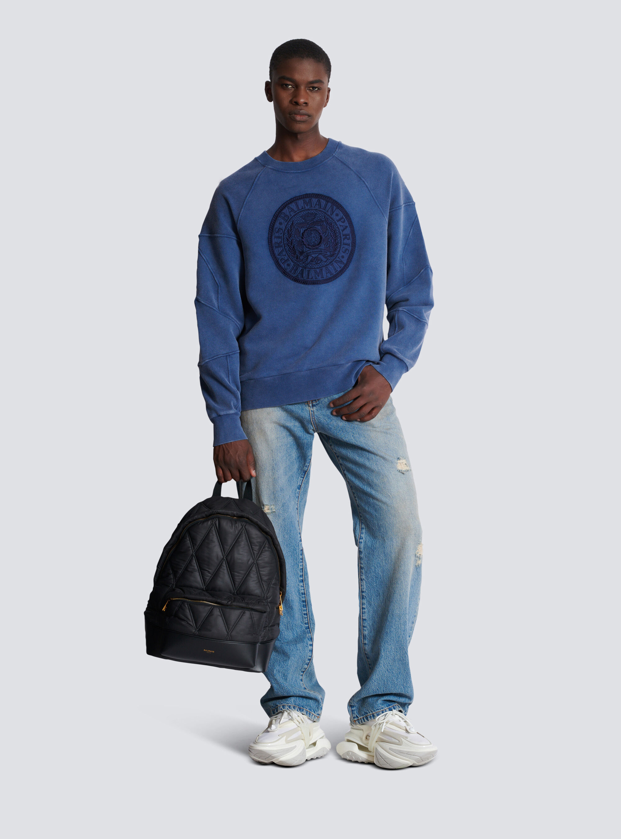 Balmain Coin Embroidered Crewneck Sweatshirt In Blue