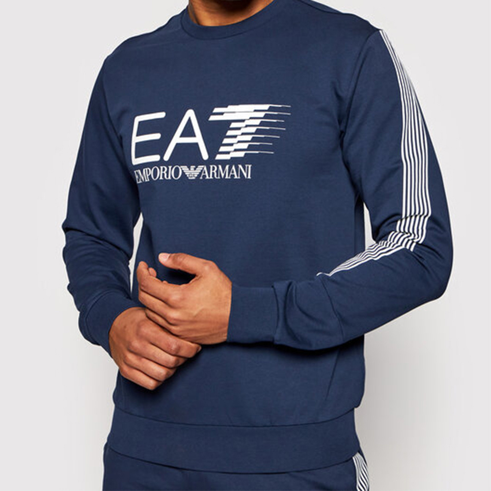 Ea7 Round Collar Long Sleeve Sweater In Blue