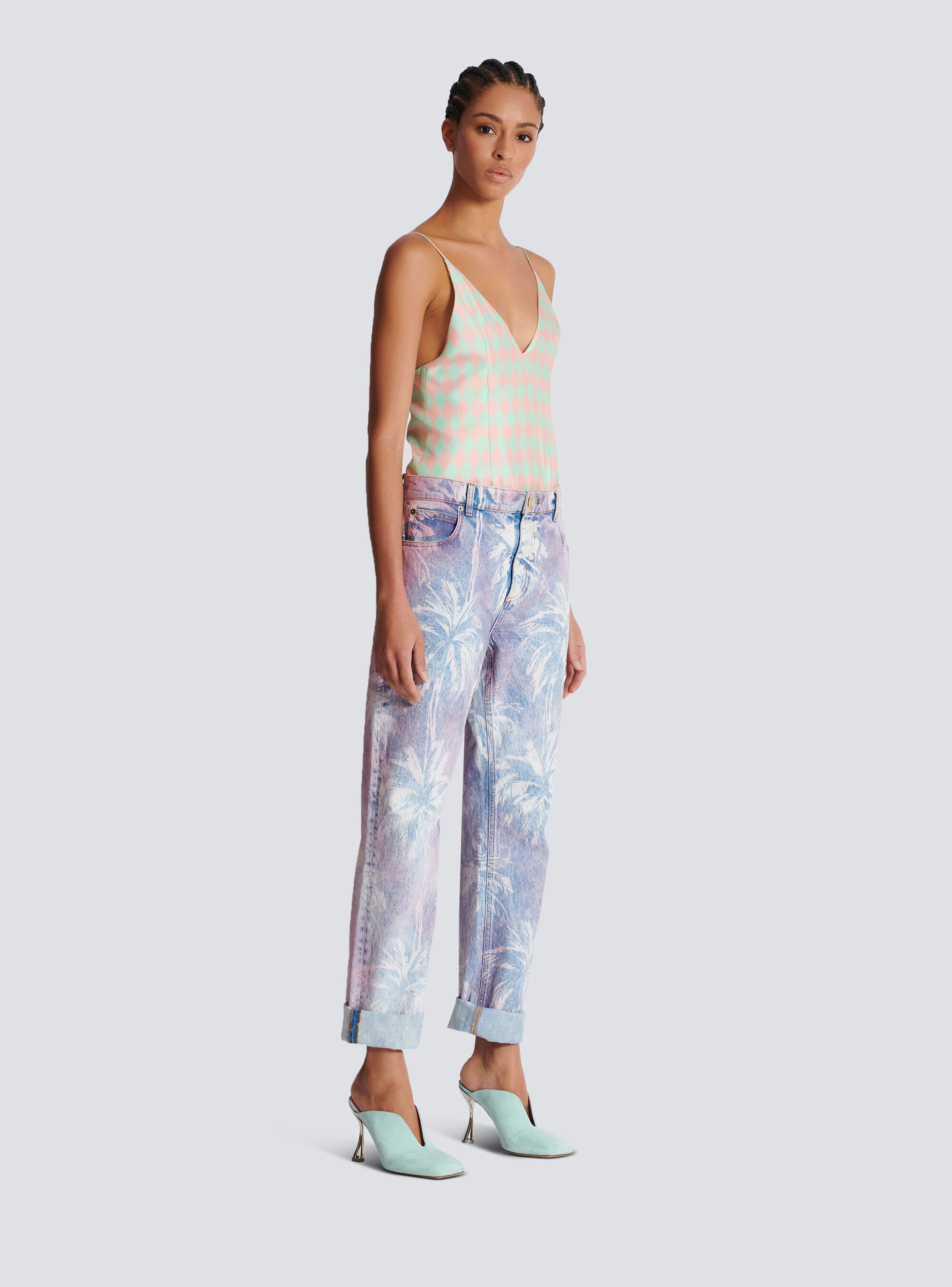 Balmain Palm Tree-print Boyfriend Jeans In Blue