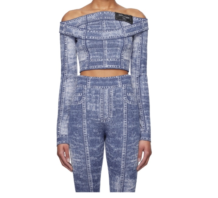 BALMAIN TROMPE L'OEIL-PRINT CROP TOP