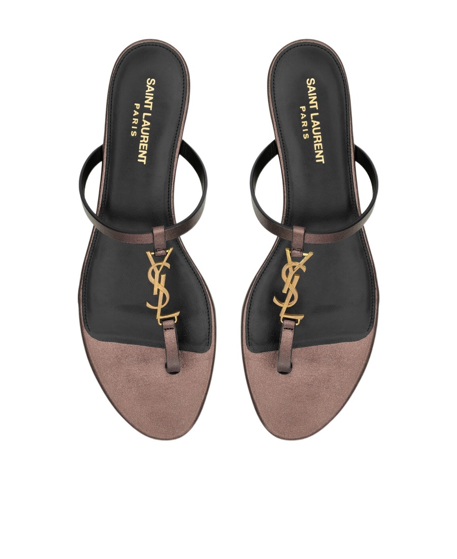 Saint Laurent Cassandra Slides In Laminated Metallic Leather In Brown