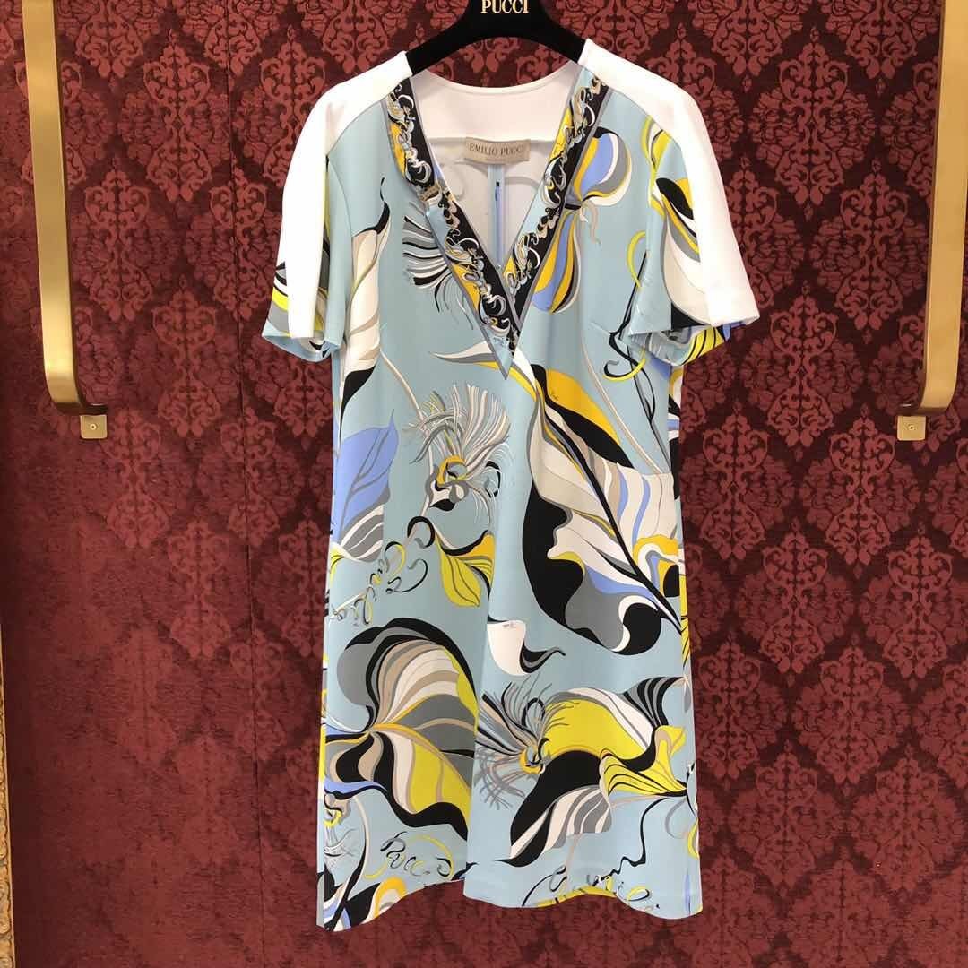 Pucci Tropical Fish Pattern V-collar Dress In Blue