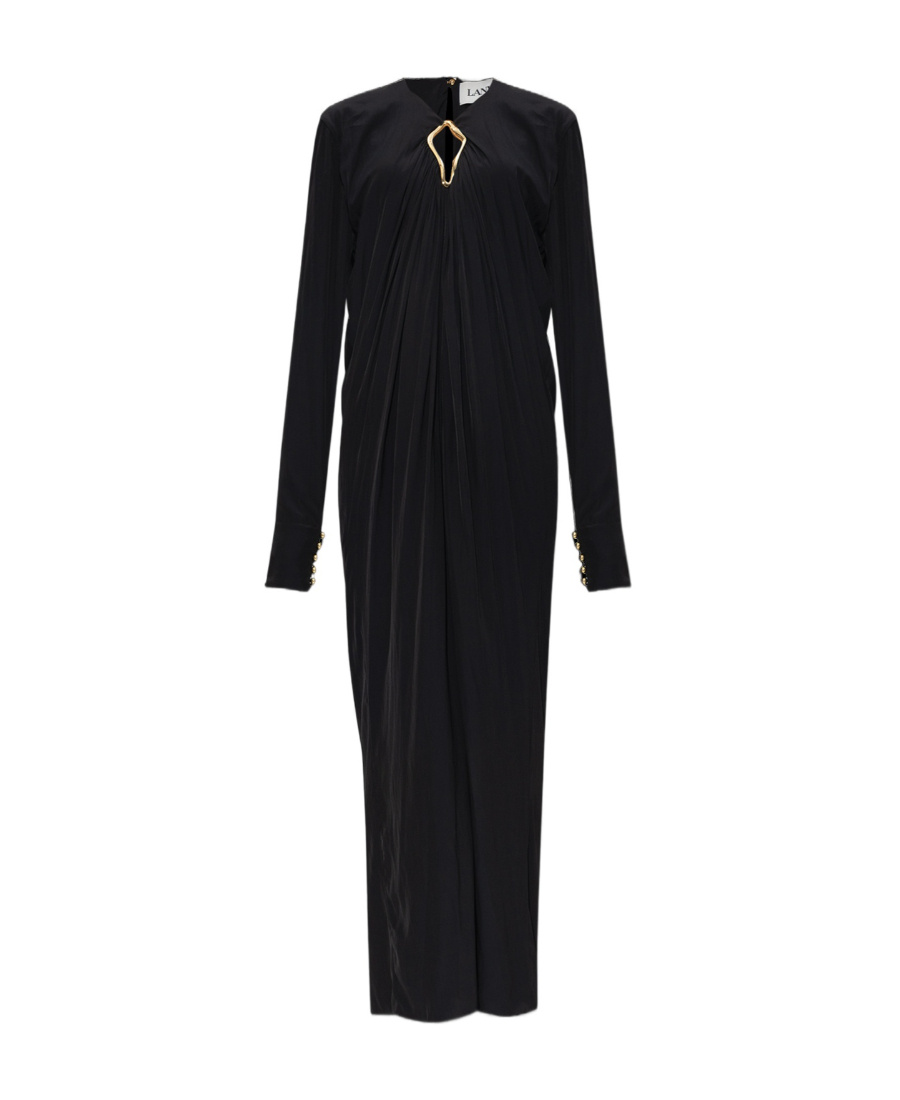 Lanvin Midi Cut-out Dress With V-neck And Long Sleeves In Black