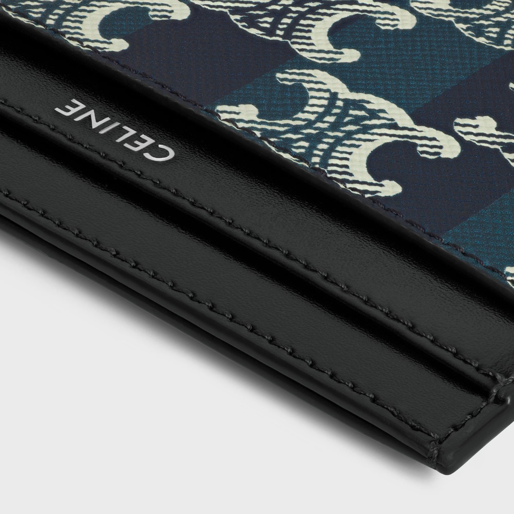 Celine Medium Card Holder In Striped Triomphe Canvas And Calfskin In Blue