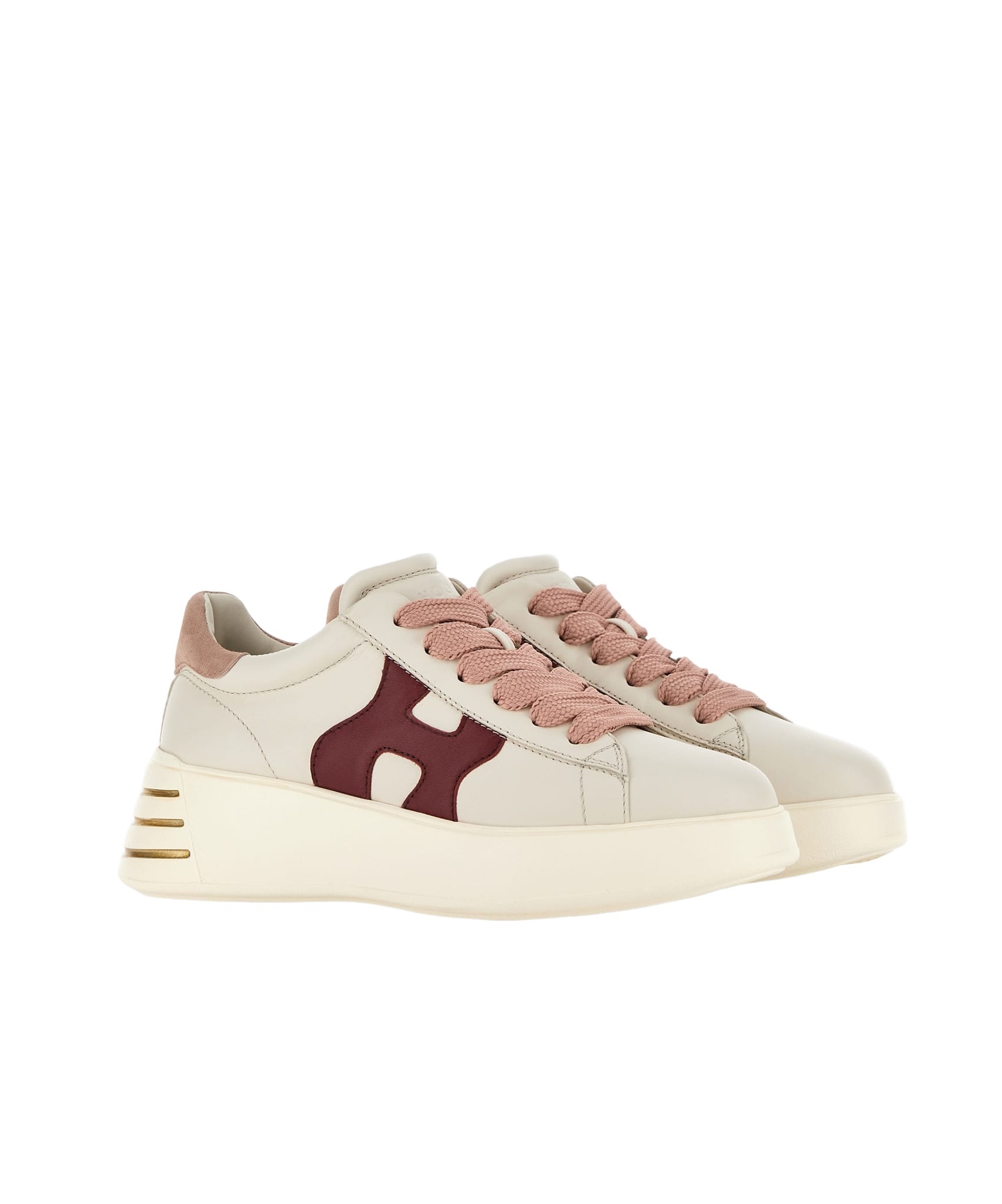 Hogan Rebel Calf Leather Sneakers With Pink Heel In White