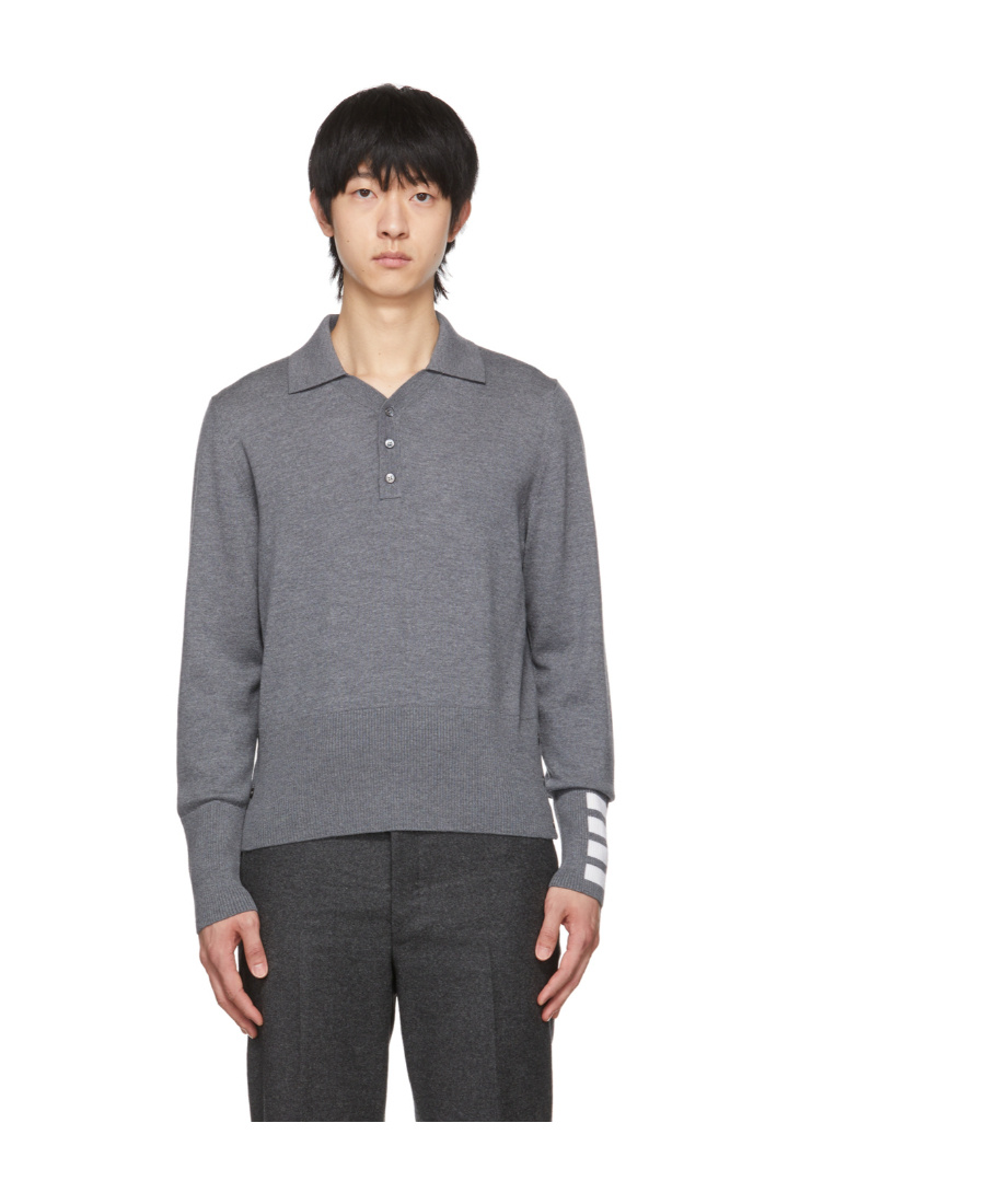 Thom Browne Tb 4bar Cuff Merino Ls Polo Gry In Gray