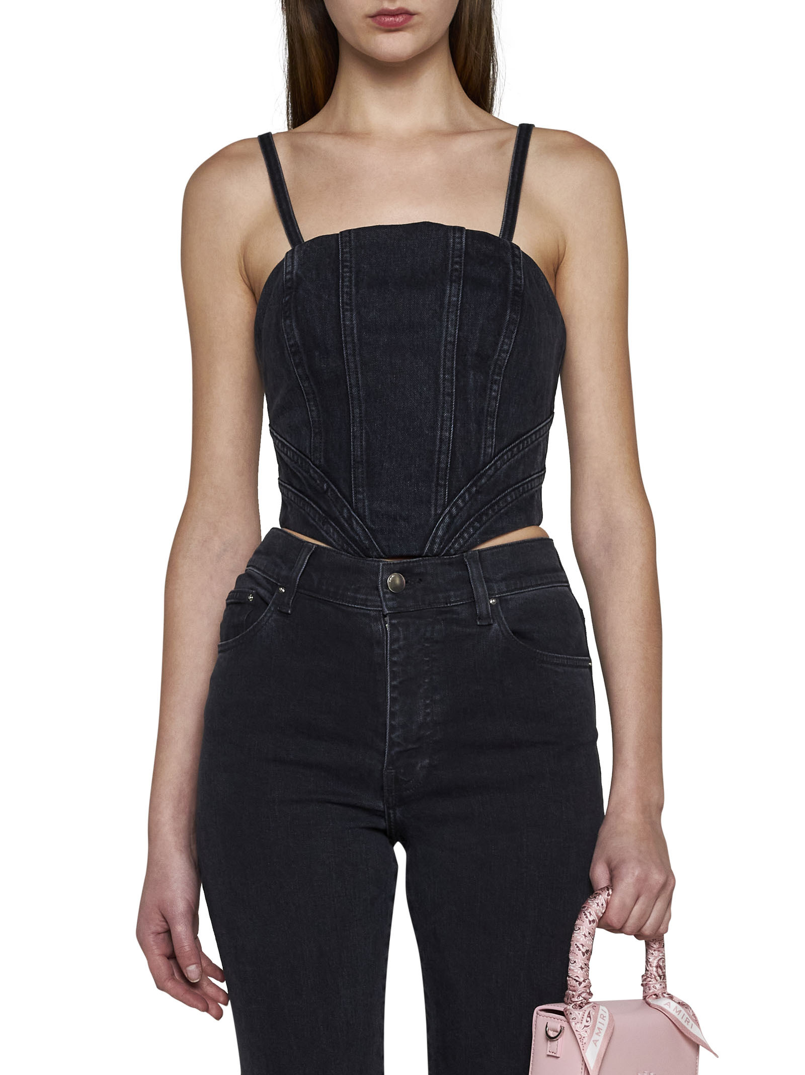 Amiri Cropped Denim Bustier Top With Spaghetti Straps In Black