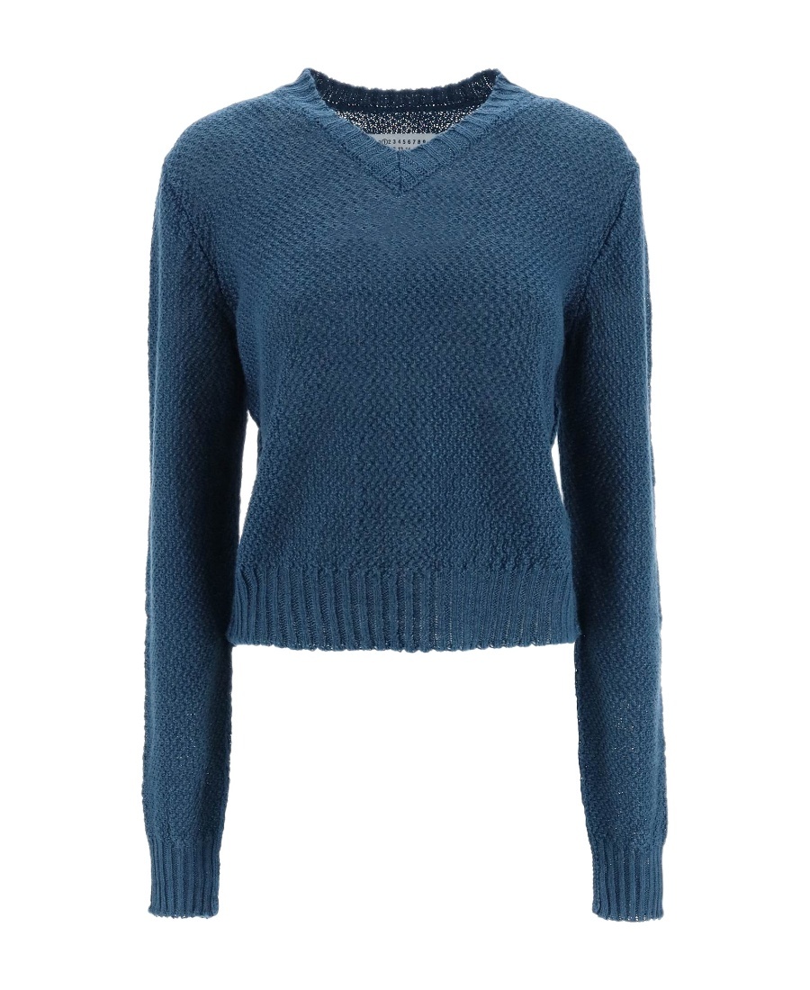 Maison Margiela V-neck Open-knit Jumper In Blue