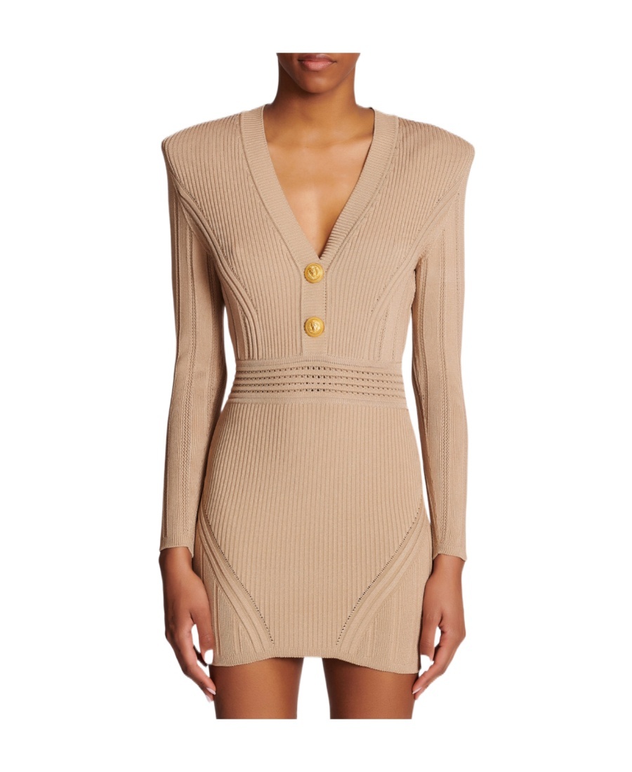 Shop Balmain Short Knit Dress With Gold Buttons In Brown