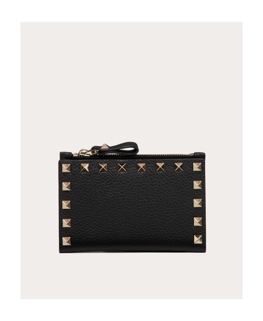 Valentino Rockstud Leather Zip Around Card Holder In Black