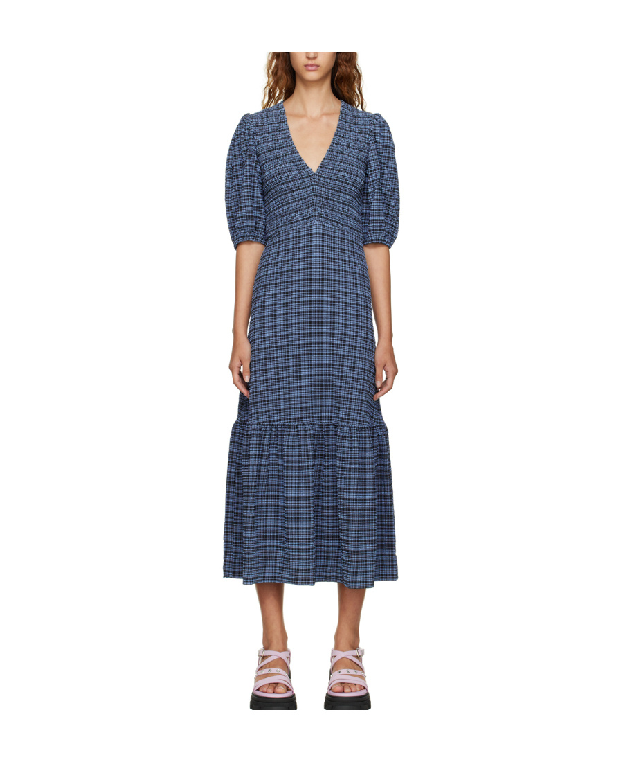Ganni Check-print Seersucker Midi Dress In Blue