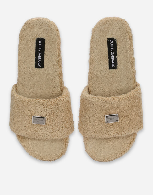 Dolce & Gabbana Terrycloth Sliders With Logo Tag In Nude