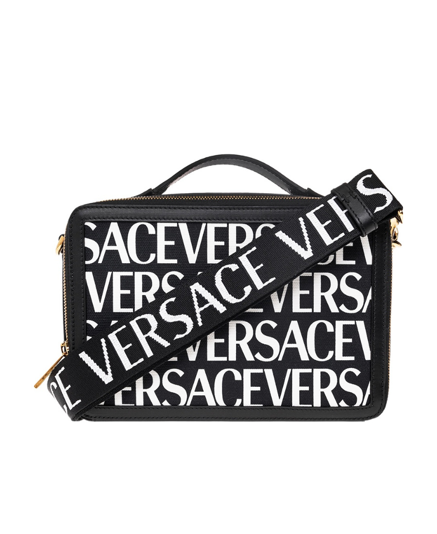 VERSACE LOGO-PRINT LEATHER MESSENGER BAG