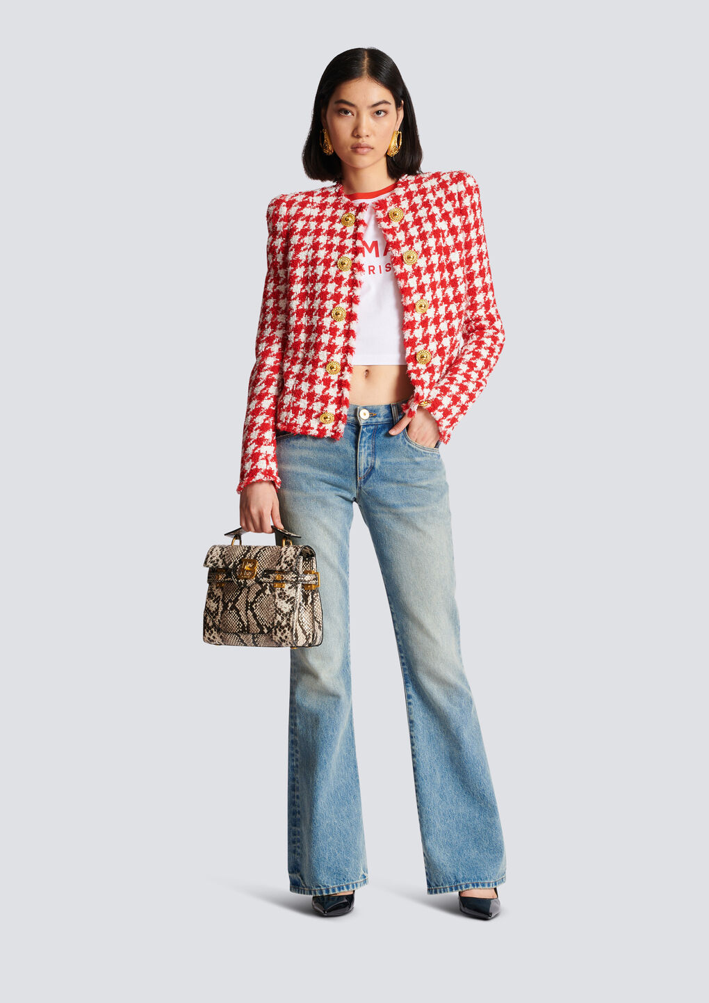 Shop Balmain Houndstooth Tweed Jacket In Red