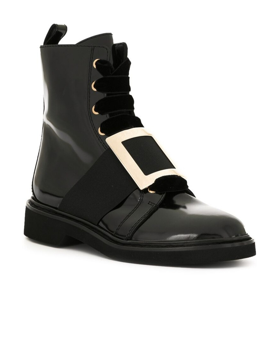 Roger Vivier Metal Buckle Velvet Shoelace Ankle Boots In Black