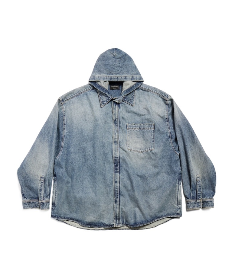 Balenciaga Shirt Hooded Denim Coat In Gray