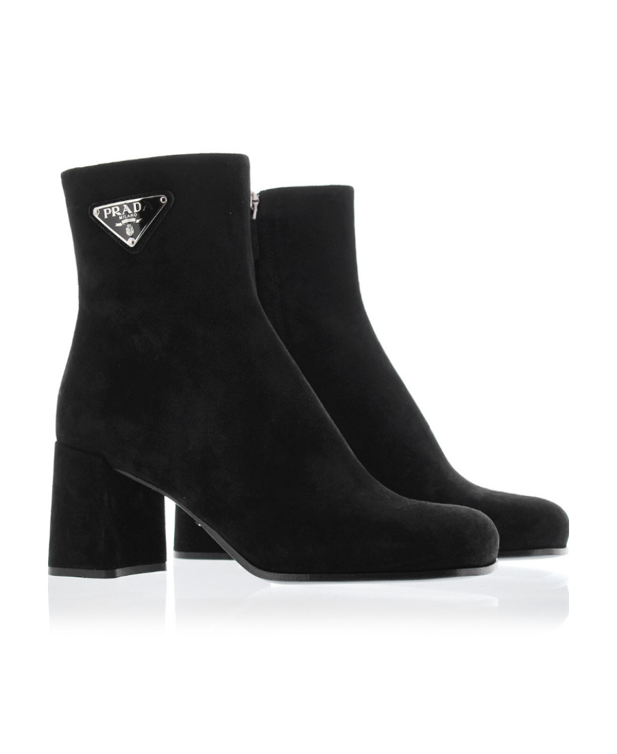 Prada Suede Block-heel Ankle Booties In Black