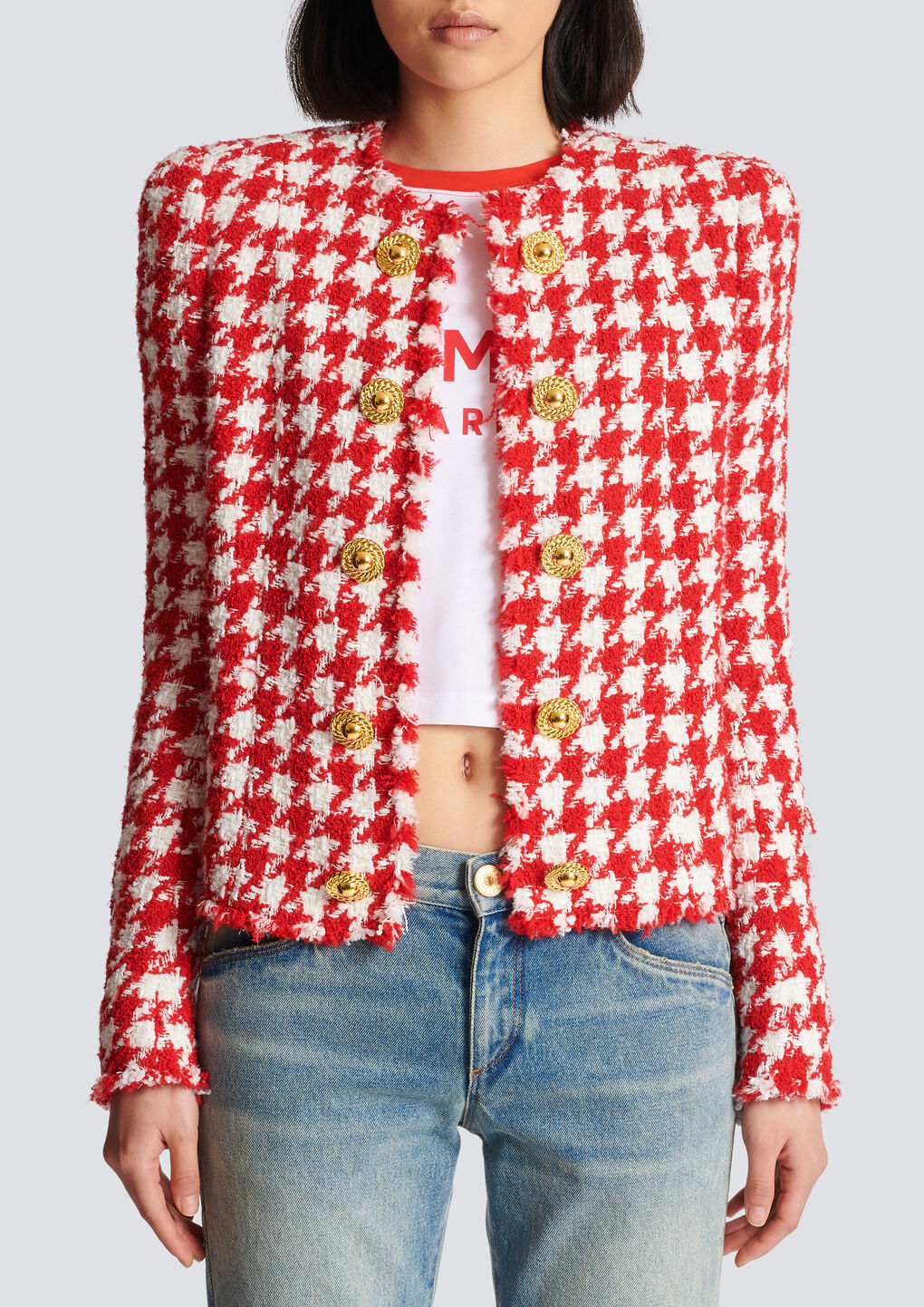 Shop Balmain Houndstooth Tweed Jacket In Red