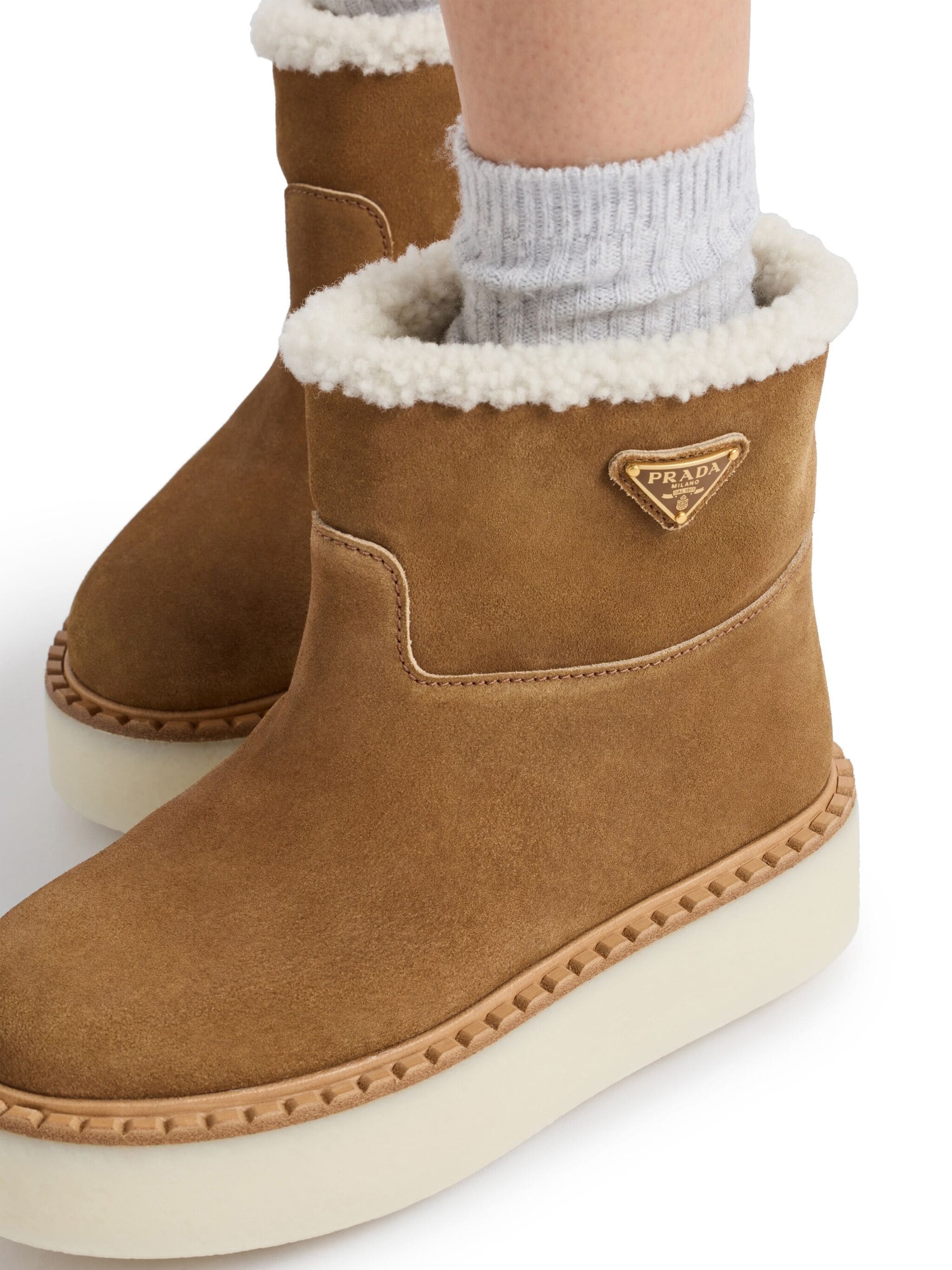Prada Triangle Logo Suede Snow Boots In Brown
