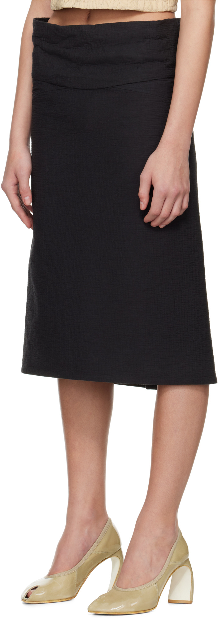 Tory Burch Black Molded Waistband Cotton Midi Skirt