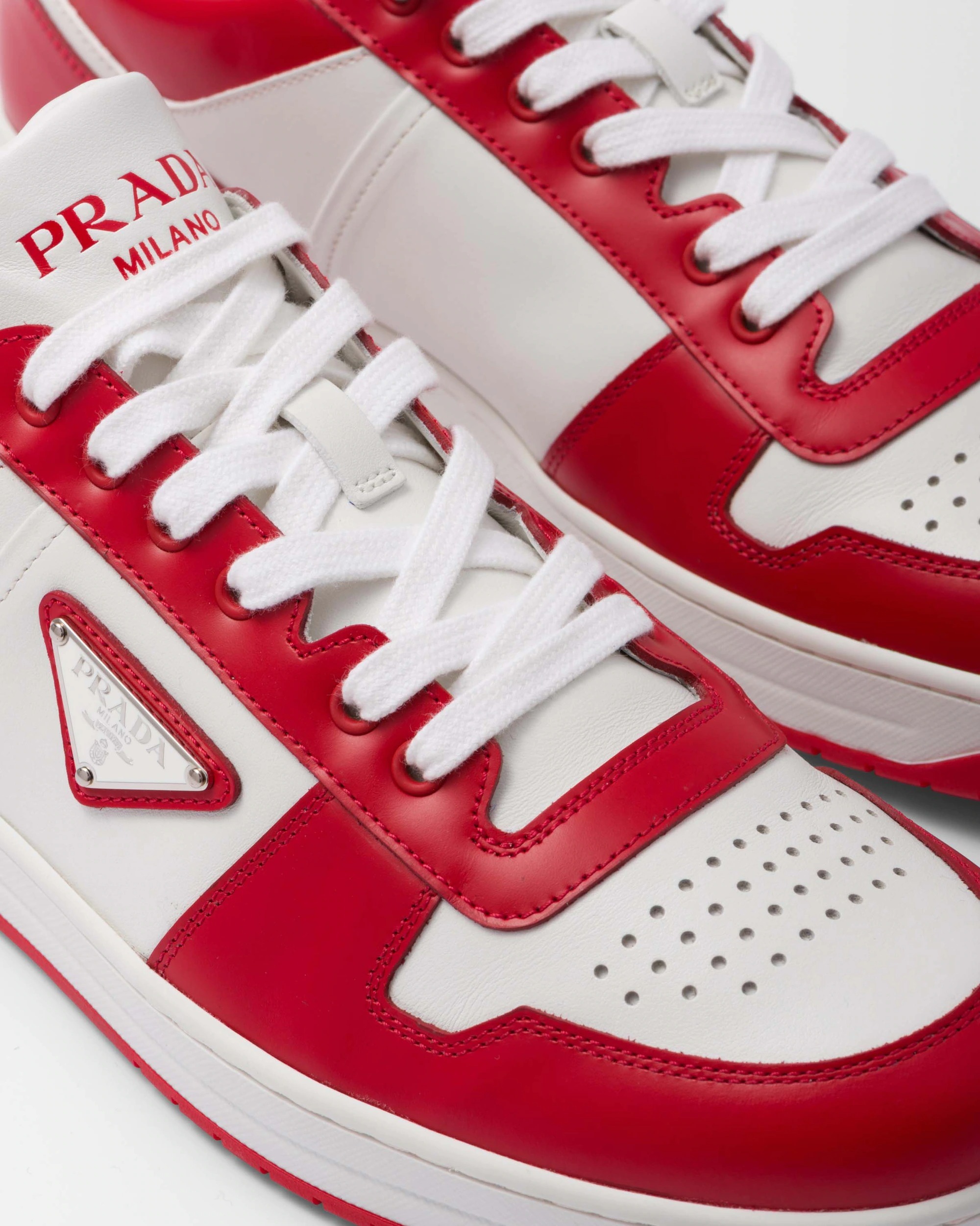 Shop Prada Downtown Leather Sneakers In White