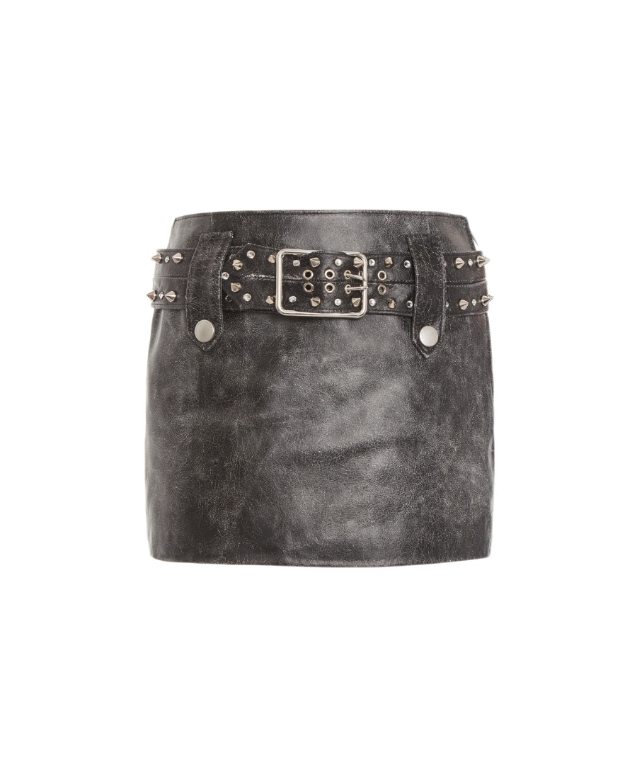 Alessandra Rich Leather Mini Skirt With Belt And Appliques In Gray