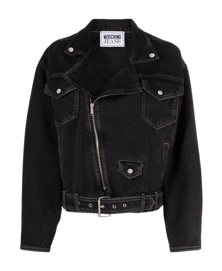 Moschino Belted Denim Biker Jacket In Black