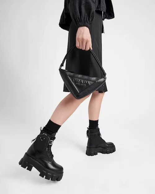 Prada Monolith Side Small Pocket Decorative Lacing Platform Martin Boots In Black