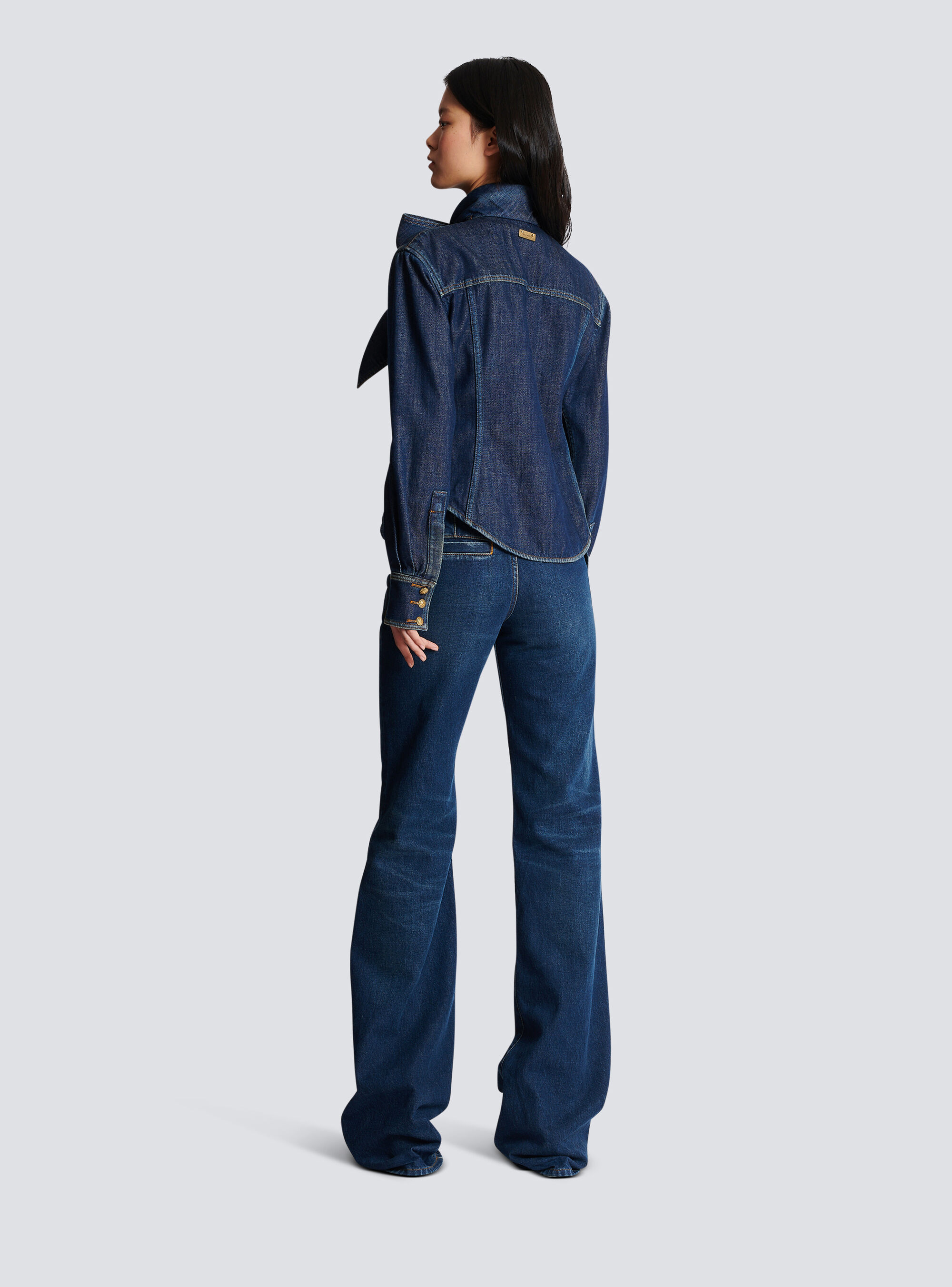 Balmain Pussy-bow Denim Shirt In Blue
