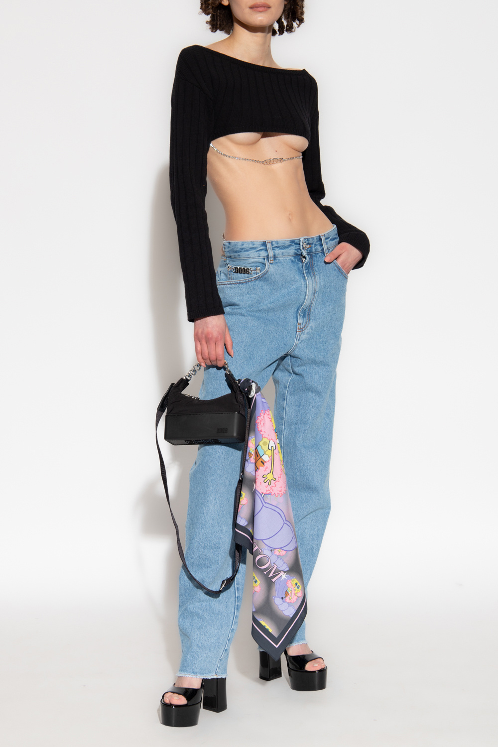 Gcds Bling Off-the-shoulder Crop Sweater In Black