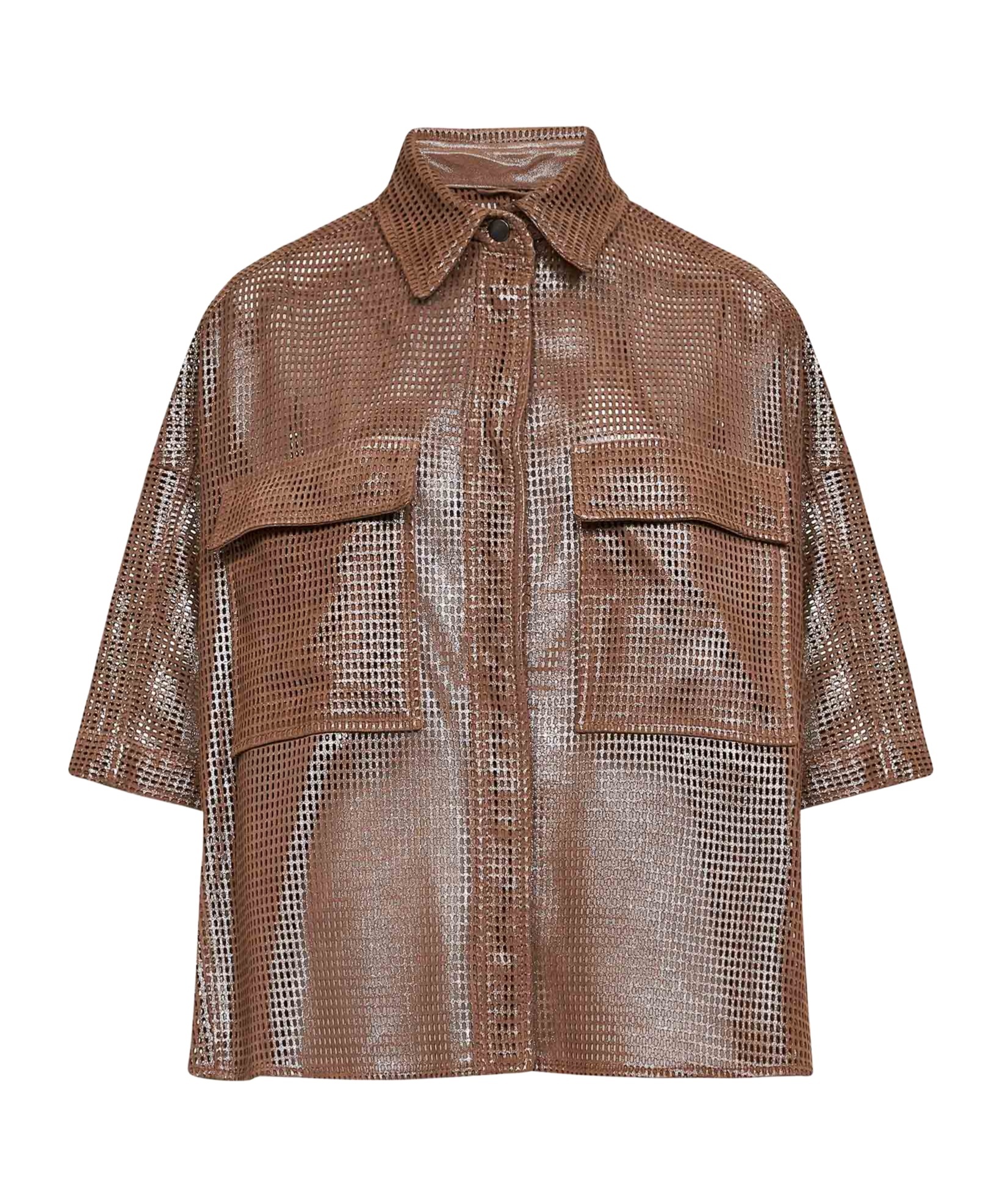 Brunello Cucinelli Hazelnut Leather Sparkling Net Shirt In Brown