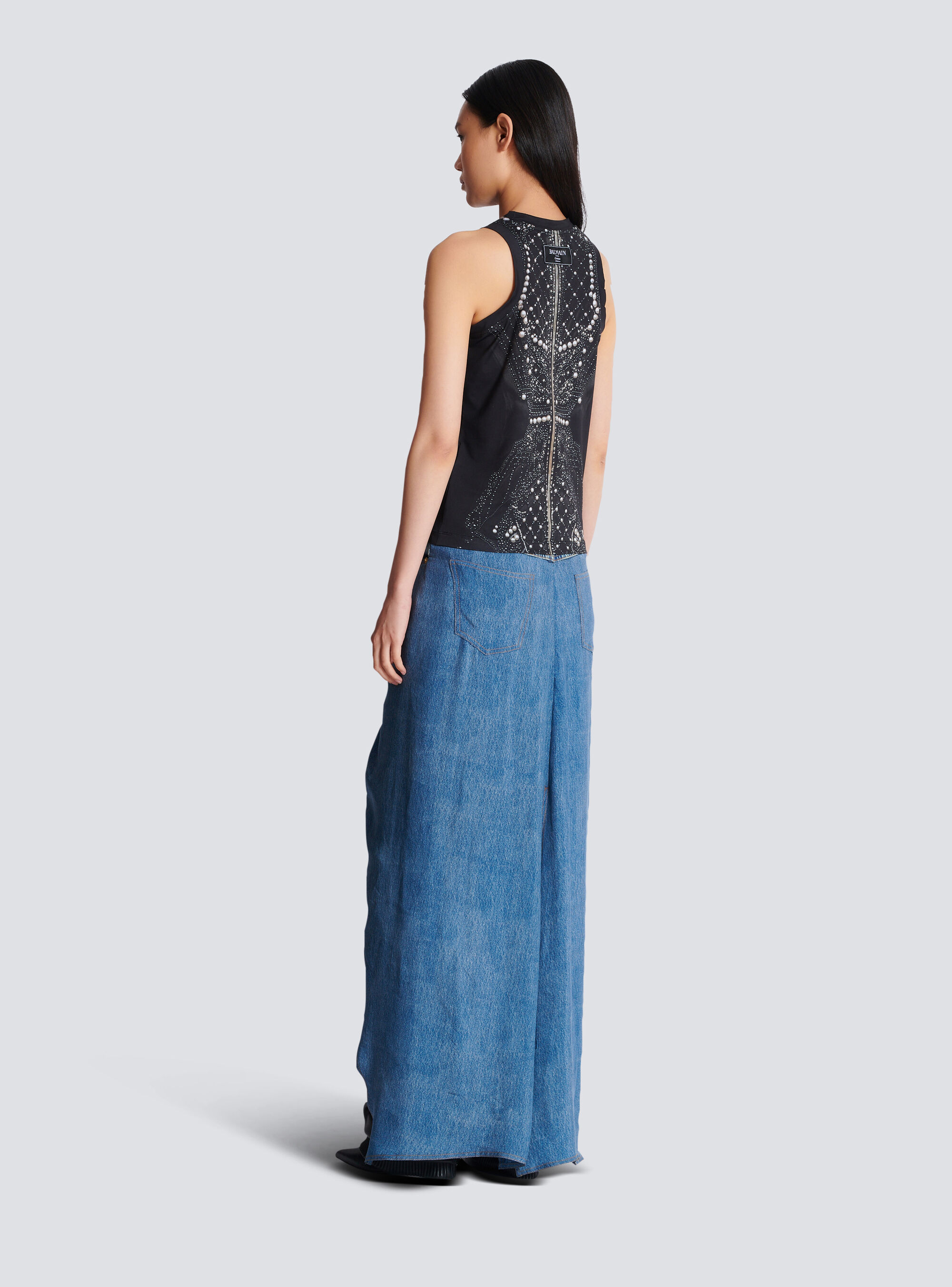 Balmain Soft Tank Top With Faux Embroidery Print In Black