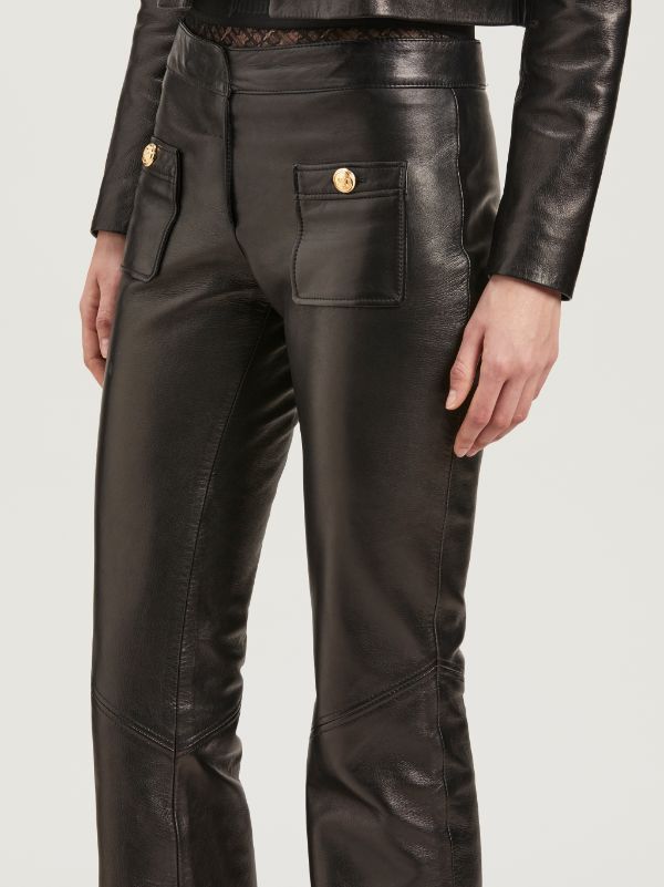 Shop Palm Angels Mid-rise Leather Flared Trousers In Black