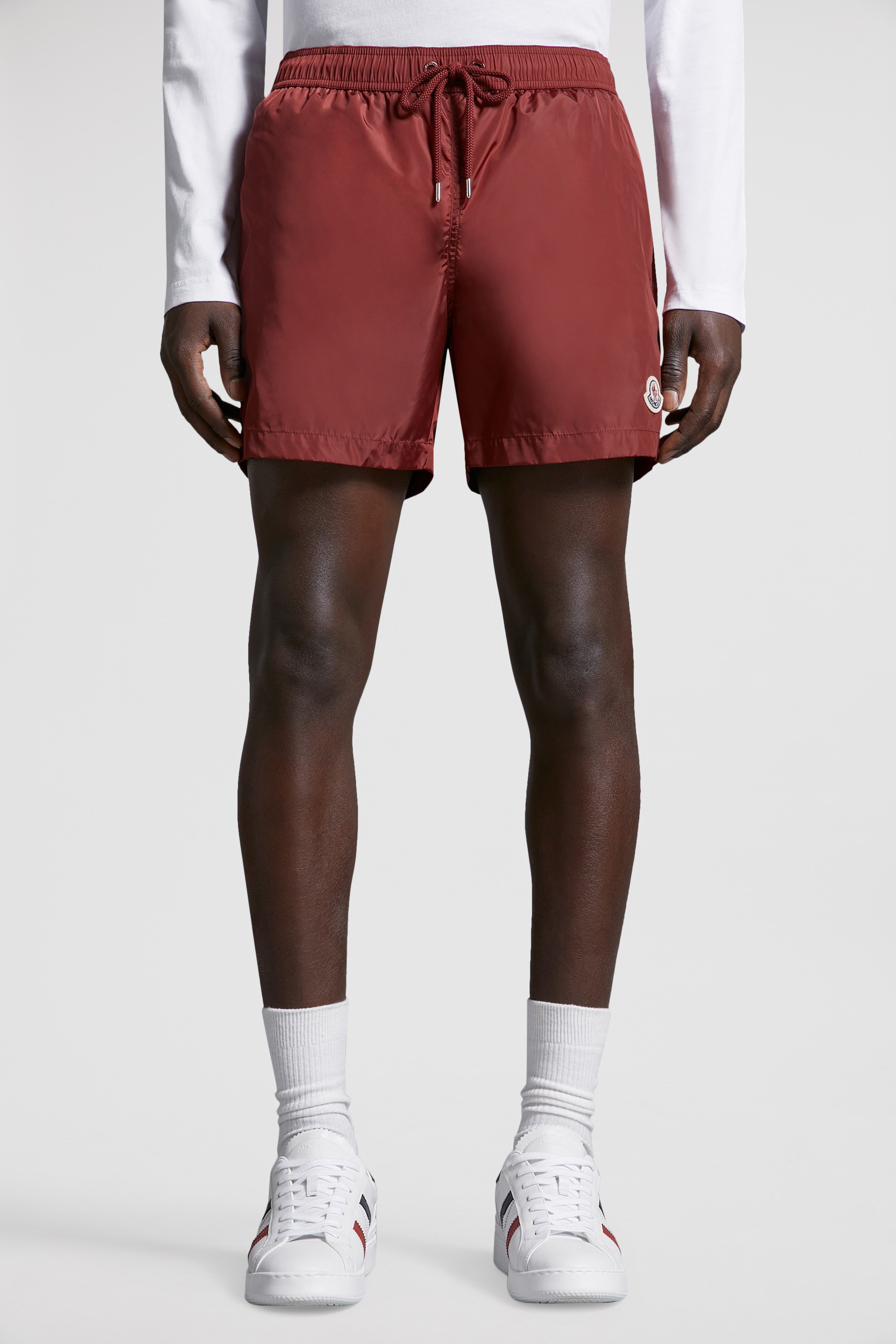 Moncler Logo Patch Nylon Swim Shorts In Red