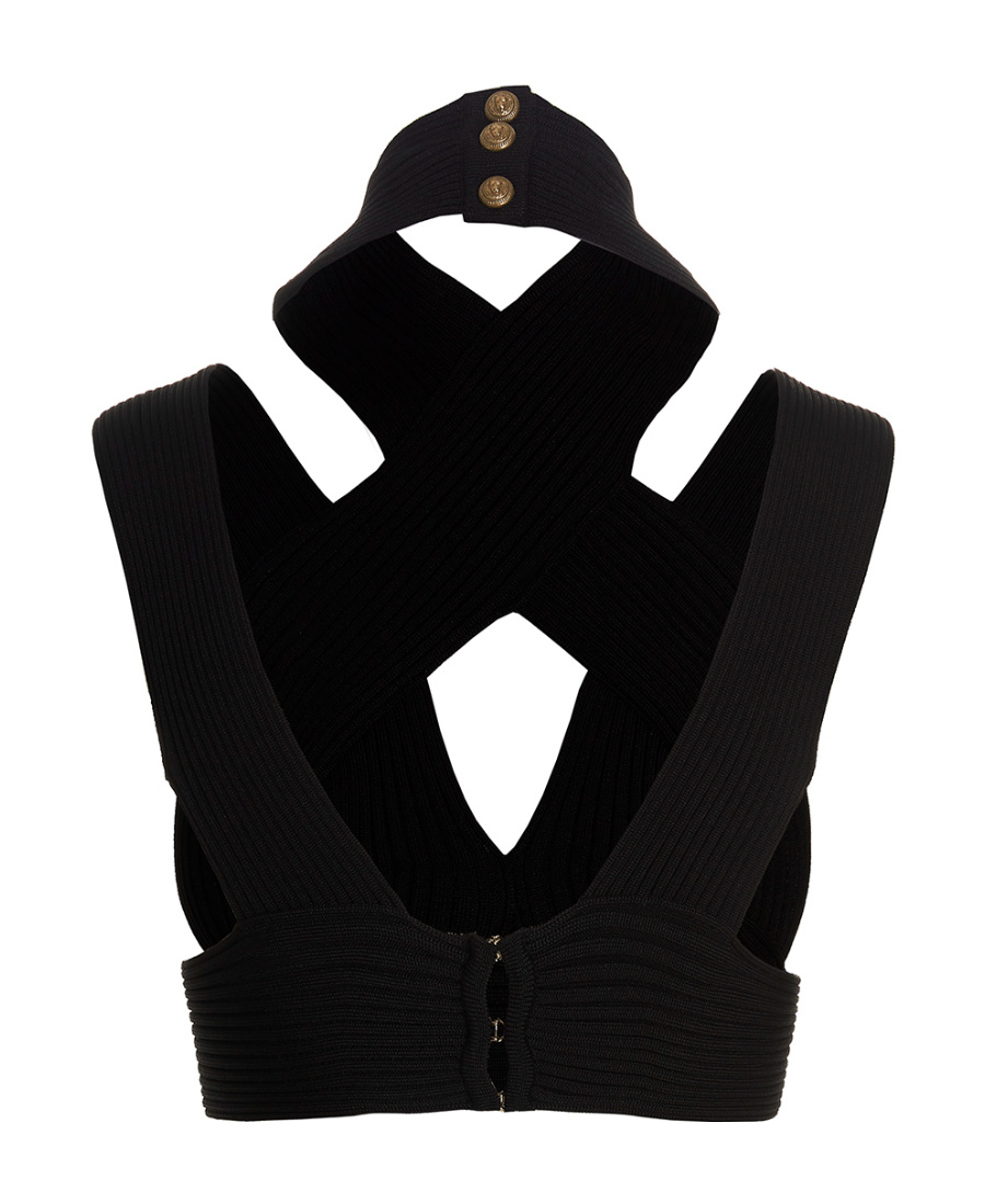 Shop Balmain Cut-out Ribbed Cropped Top In Black