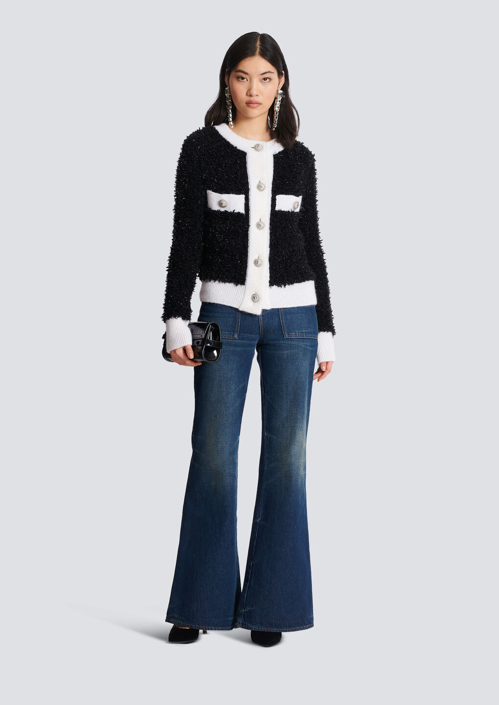 Balmain Buttoned Textured Knit Cardigan In Black