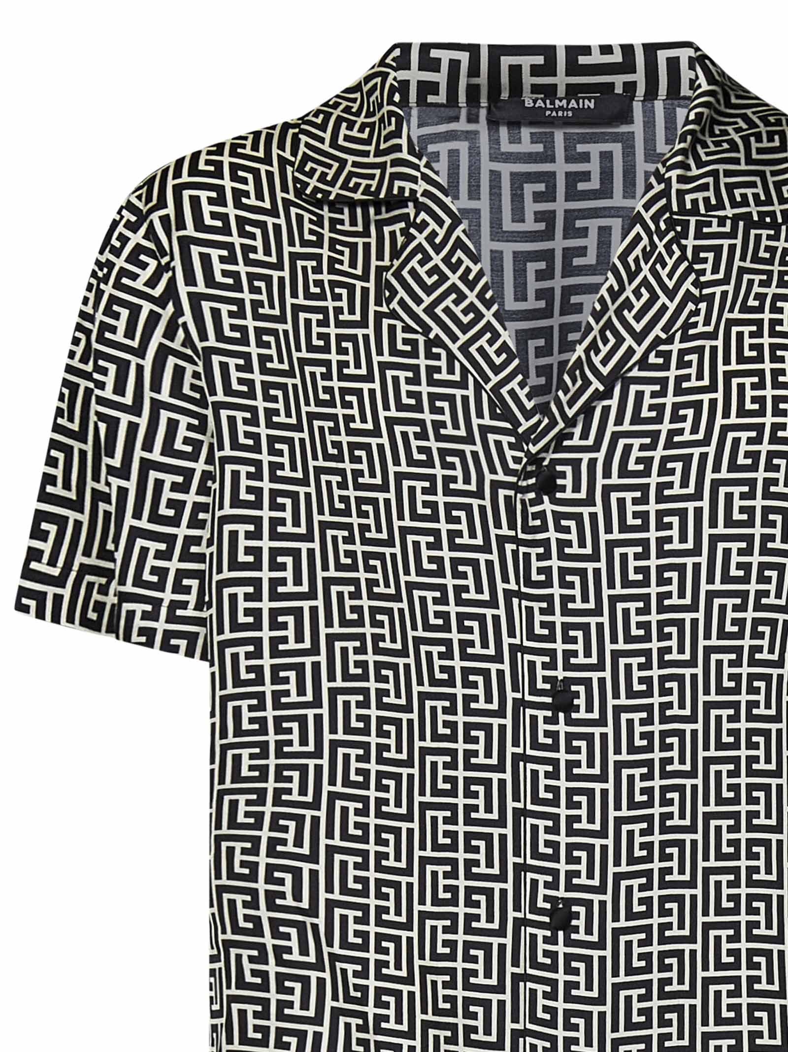 Balmain Black And White Bowling Shirt With All-over Monogram In Cupro Man In Black