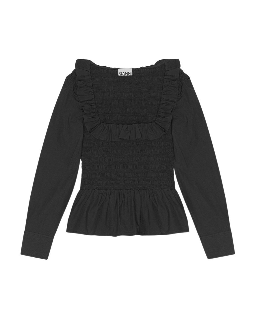 GANNI COTTON POPLIN OPEN-NECK SMOCK BLOUSE